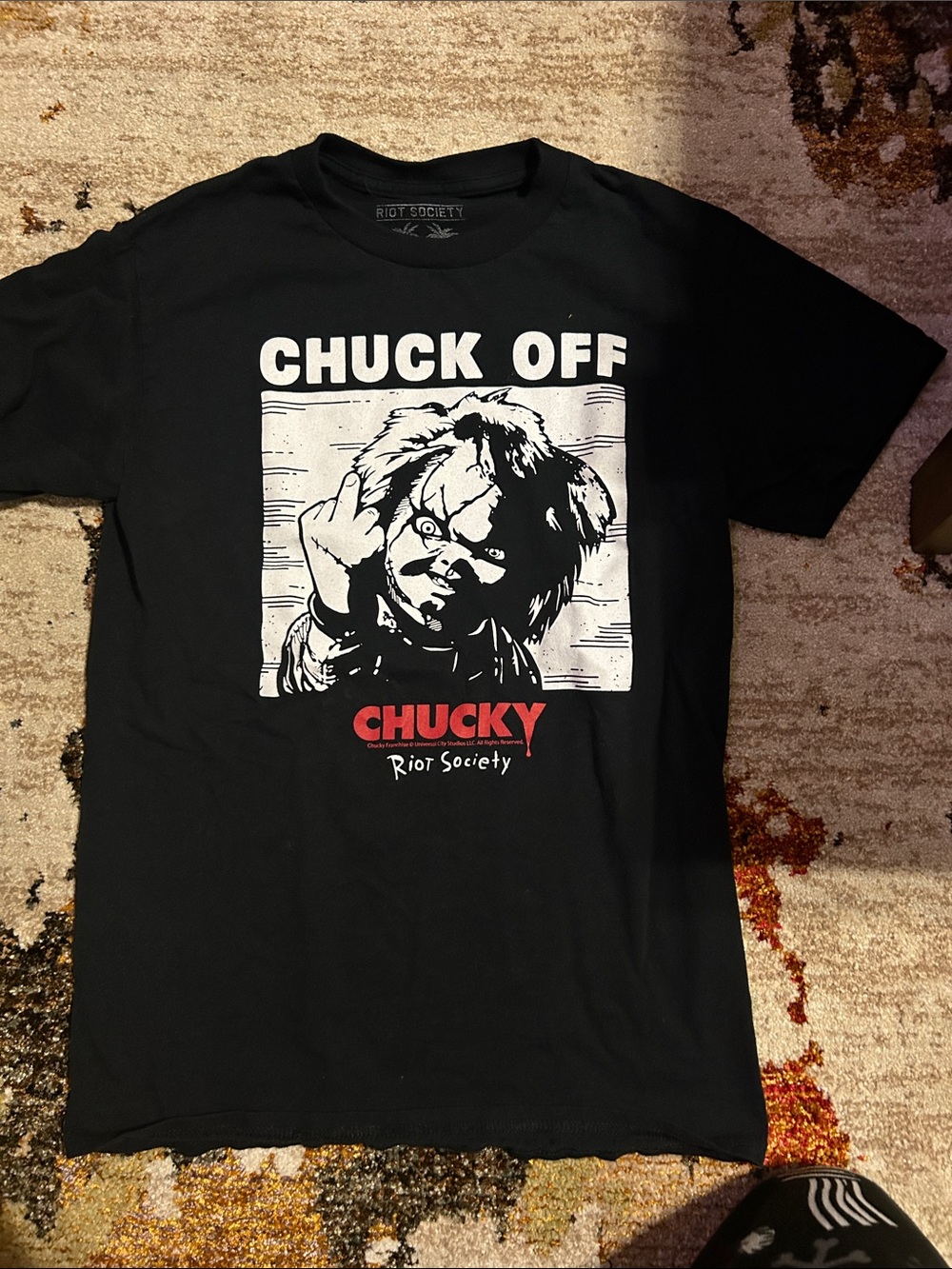 riot society Black Graphic Tee with White and Red Chucky Print